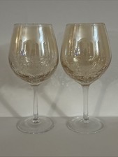 Pier 1 Crackle Amber Golden Luster Large Balloon Wine Glasses 8 1/2 Lot Of 2