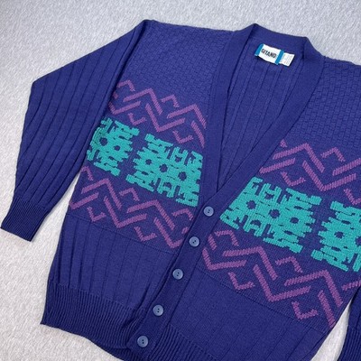 VIntage Gitano Cardigan Sweater Mens L Blue Geometric Colorful 80s USA Preppy