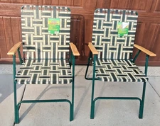 Rio Folding Lawn Chairs Webbed High Back Steel Frame Wood Armrests Lot of 2