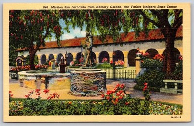 Mission San Fernando Memory Garden & Junipero Serra Statue Postcard AA125