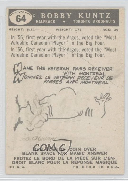 1959 Topps CFL Bobby Kuntz Bob Kuntz #64 - Image 2 of 2