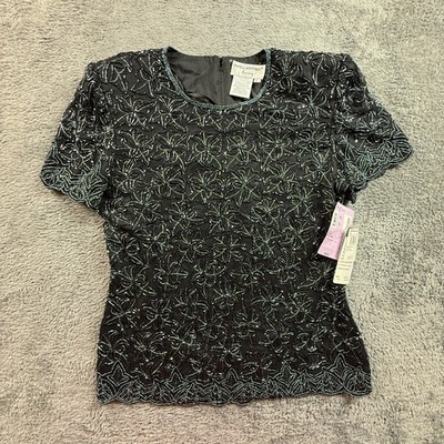 NWT Papell Boutique Evening 100% Silk Beaded Blouse L Black Gunmetal Floral Top