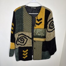 Indigo Moon Womens Medium Color Block Beige Button Down Blazer Jacket Glass