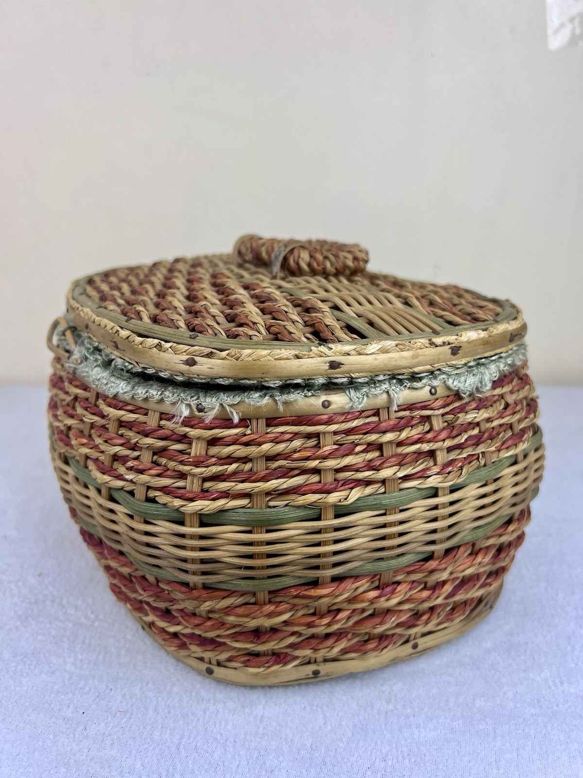 Vintage Sewing Basket Faux Ratan Wicker Sea Foam Green Satin Lining Japan 10.5”