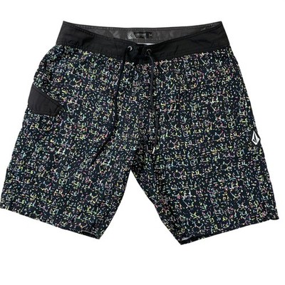 Volcom Mod-Tech Mens Board Shorts Size 34 Black Multi Color Glitch Print Swim