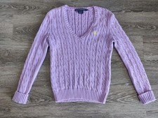 Ralph Lauren Sport Purple Cable Knit V-Neck Sweater Womens Size M Yellow Pony