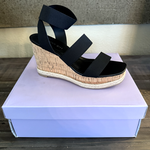 NEW Steve Madden Madden Girl Wedge Sandals Black Cork Heel Open Toe Womens 7.5