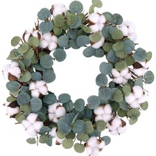 Eucalyptus and Cotton Wreath, 14 Inches Artificial Wreath on a Natural Twig B...