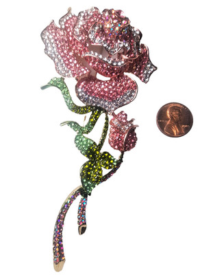 HUGE Pink Rose Pin Rhinestone Crystal Floral Brooch Massive Statement Jewelry