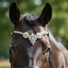 Luxury Crystal Horse Browband Black Leather Multicolor Rhinestone