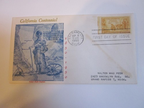 US COVER 1950 CALIFORNIA STATEHOOD FDC SCOTT 997 COLOR ILD CRAFT MAP CACHET