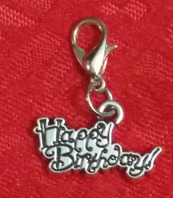 HAPPY BIRTHDAY CAKE ANTIQUE SILVER CHARM - LOBSTER CLASP - BAIL - U CHOOSE