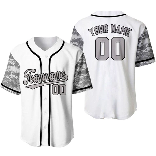 Custom White Gray-Black Camo Raglan Sleeves Baseball Jersey