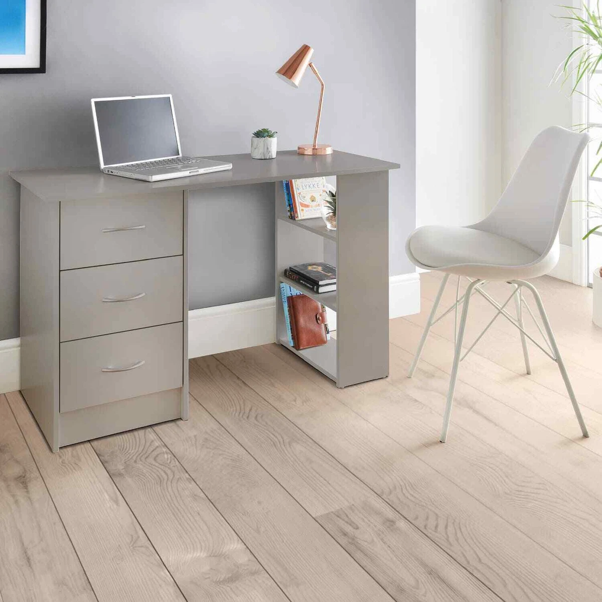 Stylish Lokken 3 Drawer Desk Shelves Home Office Environment