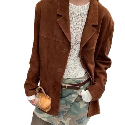 Women's Suede Leather Blazer Long Coat Brown Lined Oversized Button Down Jacket