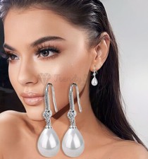 Women White Pearl Teardrop Shaped Dangle Drop Hook Earrings 925 Sterling Silver