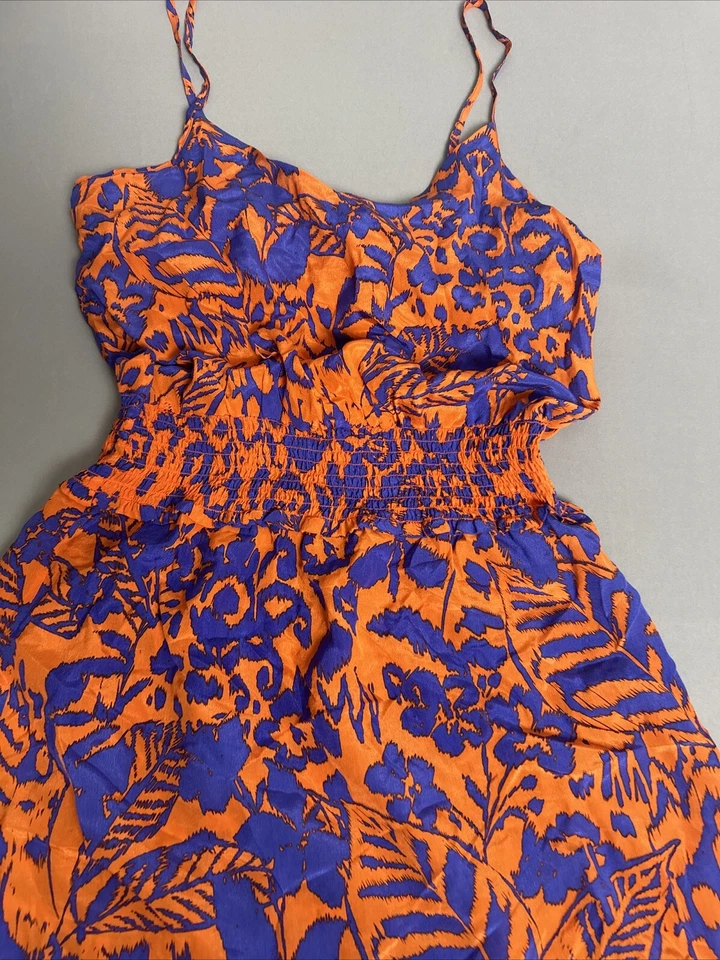 ViX Paula Hermanny 100% Silk Orange Blue Floral Smocked Mini Dress Swim Coverup - Image 2 of 4