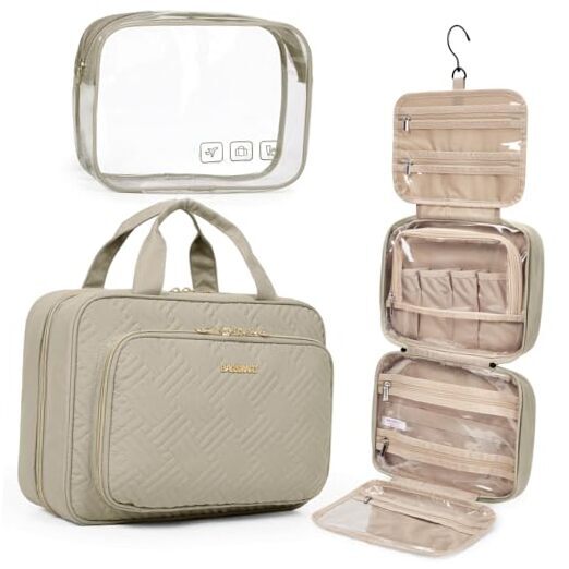 TSA-approved hanging toiletry bag with large compartments in camel color  -image