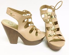 NEW GUESS HEXEN TAN,BEIGE FAUX LEATHER,OPEN TOE,LACES,WEDGE HEELS SHOES-SZ 7,7.5