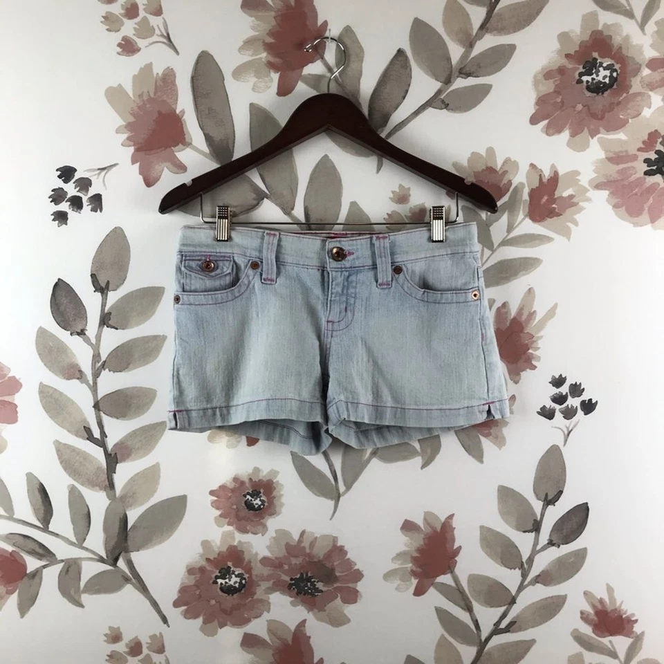 GLO Mini Stretch 5 Pocket Light Wash Blue Denim Jean Shorts 5 - Image 3 of 4