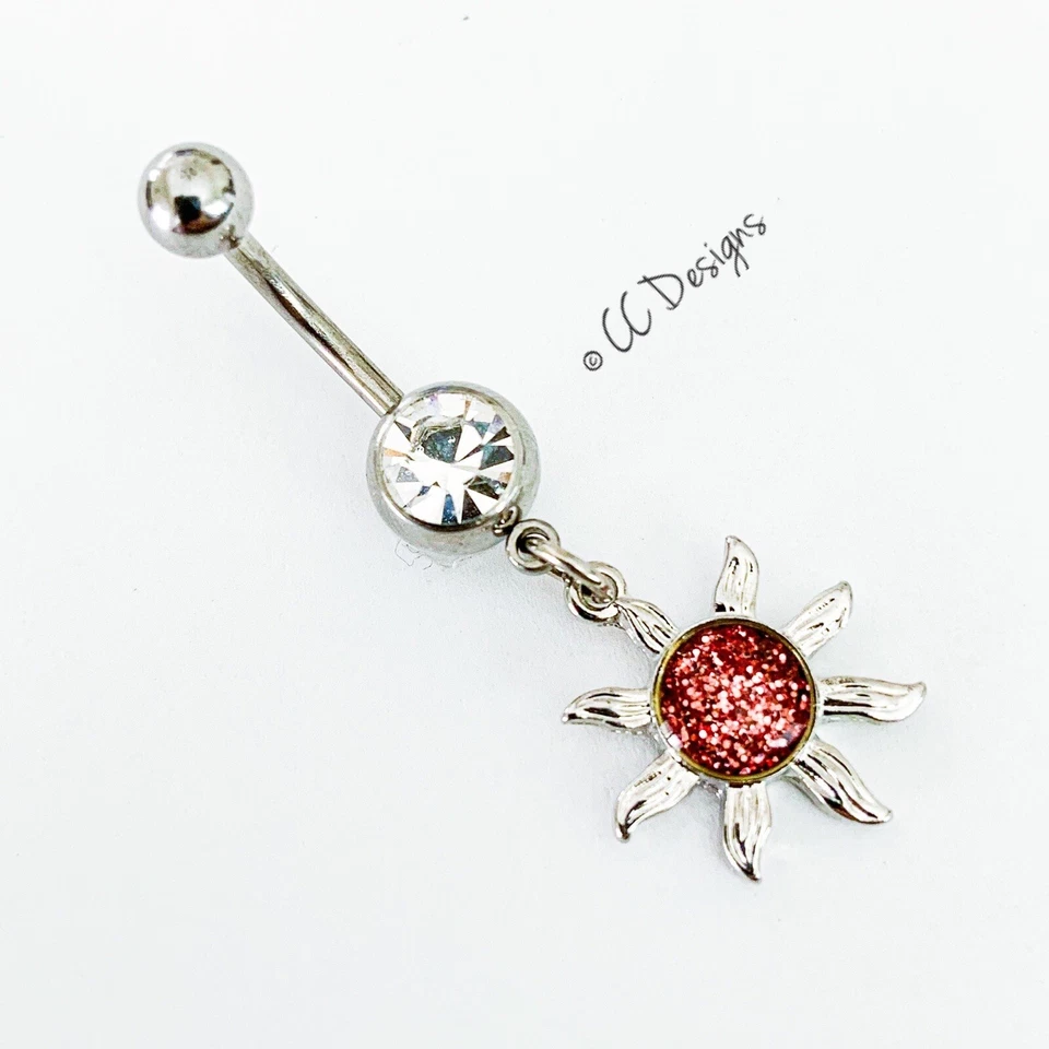 14g White Sparkle Cz Dangle Pink Resin Glitter Sun Belly Button Ring (B281) - Image 2 of 3