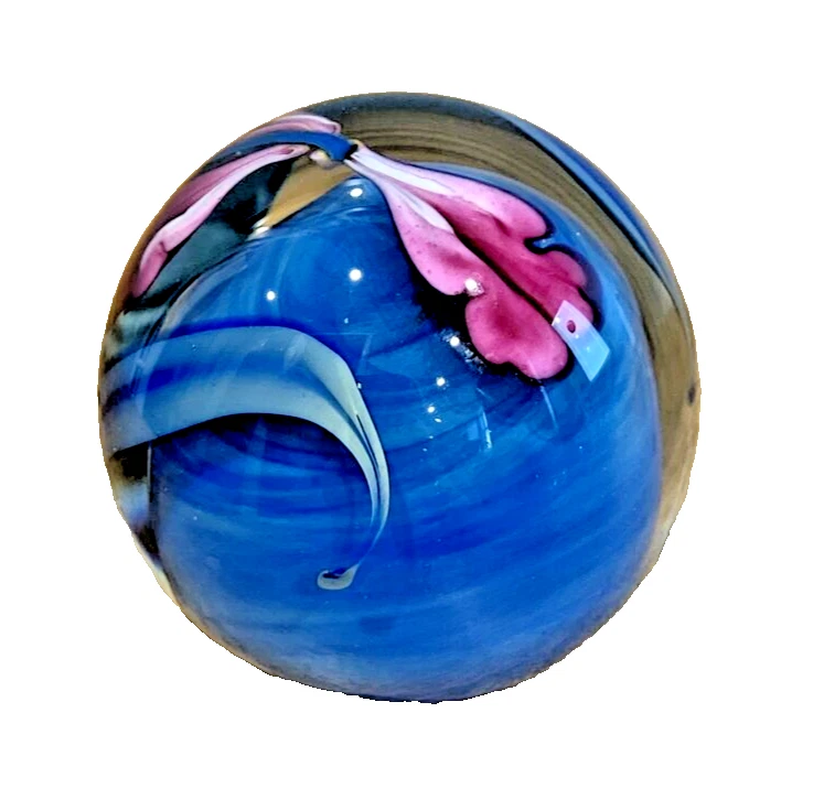 Signed 1991 Rick Satava Pink Flower Petals Blue Background Paperweight Dated - Image 4 of 4