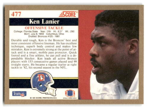Ken Lanier 1991 Score FOOTBALL #477 Denver Broncos + - Picture 2 of 2