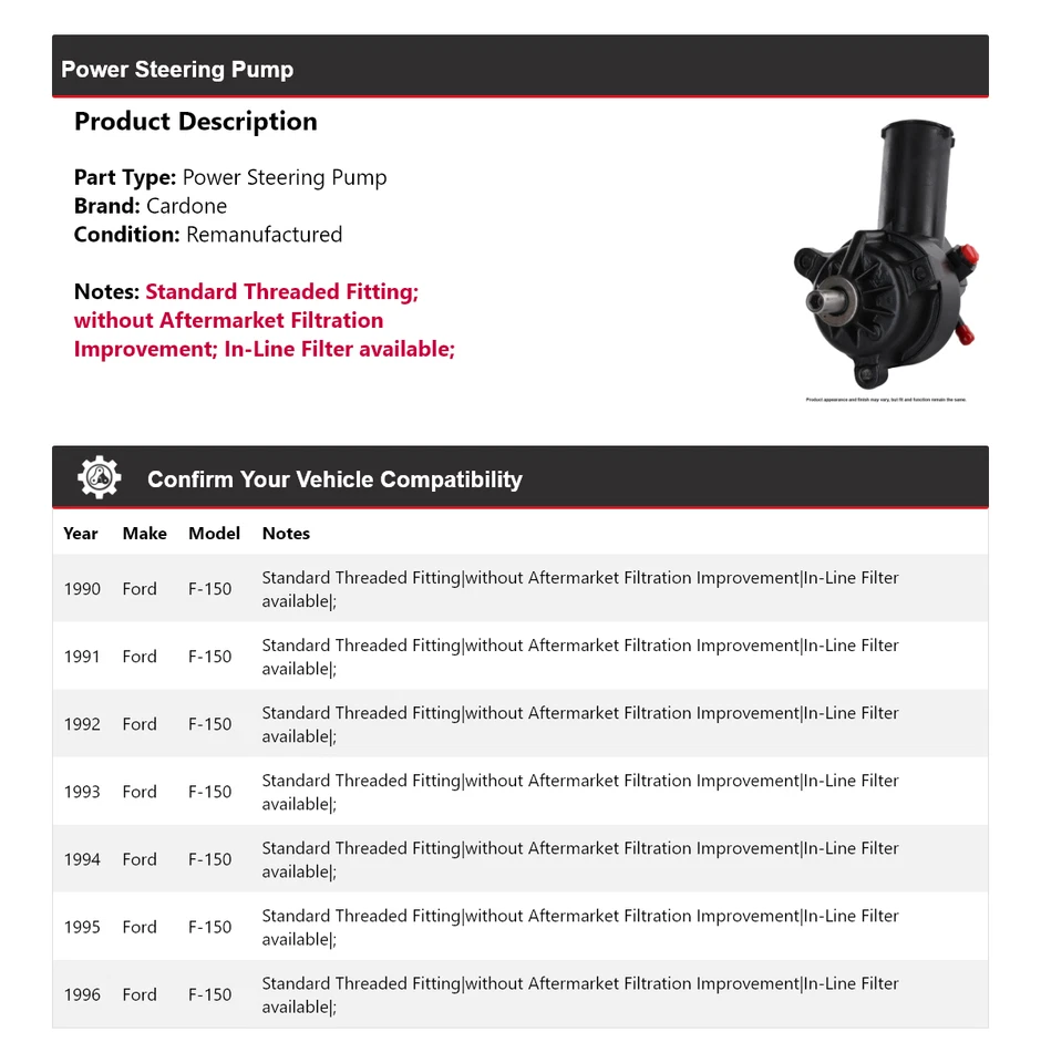 For 1990-1996 Ford F-150 Power Steering Pump Cardone 1991 1992 1993 1994 1995 - Image 2 of 4