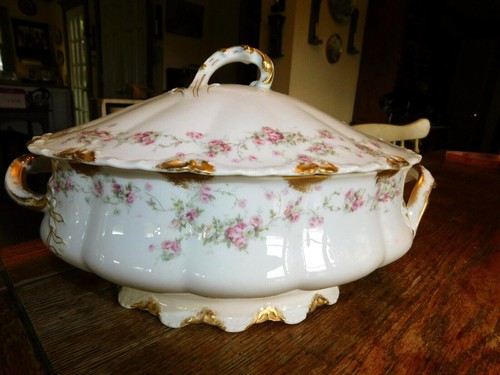 Antica zuppa ovale Theodore Haviland Limoges Schleiger LG Tureen-Roses-c. 1800 - Foto 2 di 11