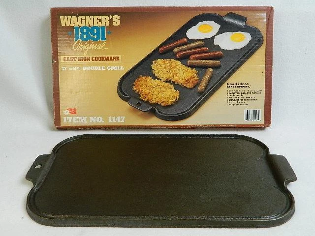 Wagner Double Griddle 1891 Original Cast Iron Cookware #1147 17 X 9-3/8 Inch USA