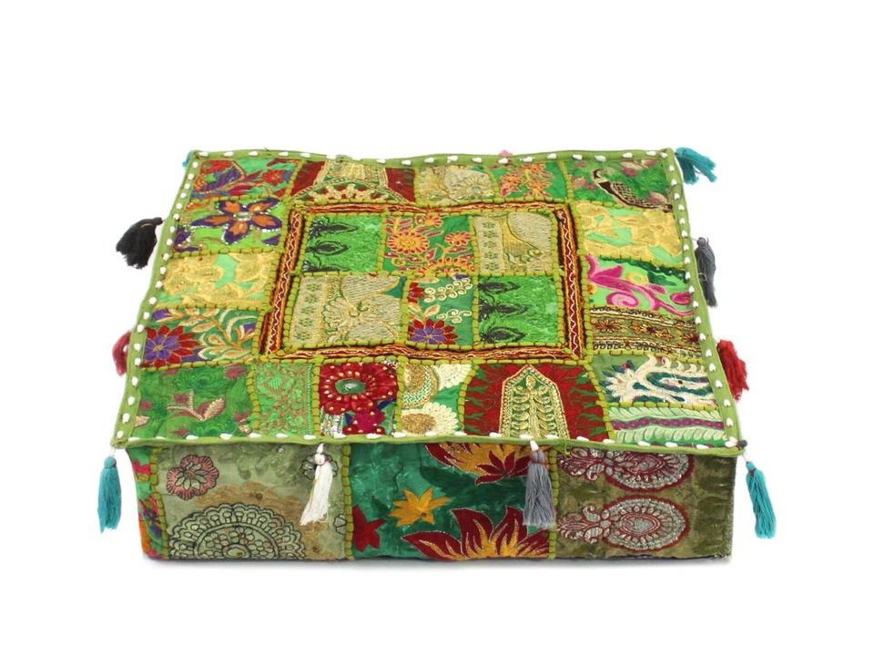Green Patchwork Square Floor Pillow Bohemian Decorative Pillow Vintage Cover AU - Image 2 of 4
