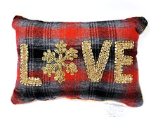 GLITZ & GLIMMER RED PLAID "LOVE" SNOW FLAKE GOLD BEADED ACCENT RECTANGLE PILLOW
