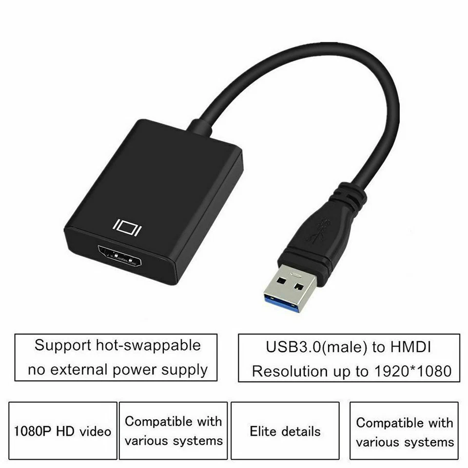 HD 1080P USB 3.0 to HDMI Video Cable Adapter For PC Laptop HDTV LCD Black Silver - Image 2 of 4