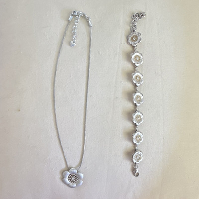 Brighton Silver Tone Flower Necklace & Bracelet Set w/ White Rhinestones