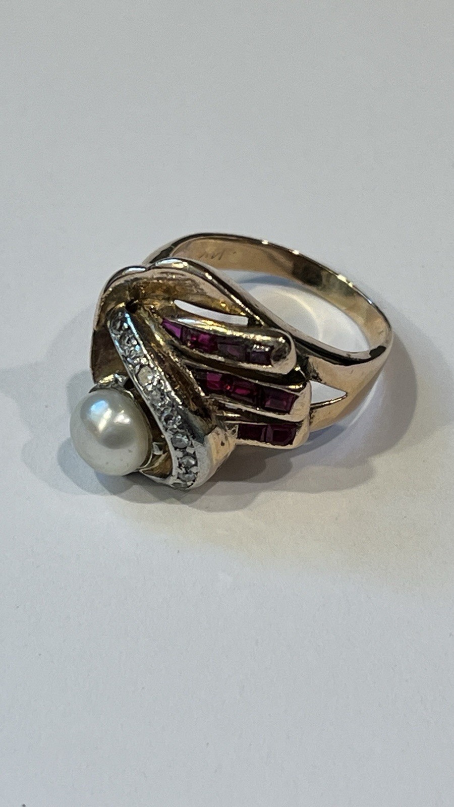 Vintage 14k Solid Yellow Gold Ruby Diamond Pearl … - image 1