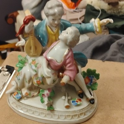Porcelain Romantic Couple Guitar Figurine, Hand Painted Glazed Multicolor