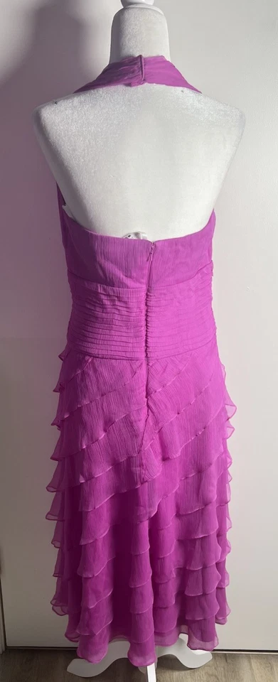 Vestido Halter Formal Colección Tadashi Talla 12 Rosa Seda Volantes Noche Evento Foto 3 de 4