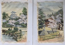 Pair Vintage Japanese Silk Watercolor Paintings Signed Shunho Nagoya Castle