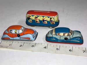 Lot of 3 Small Tin Litho Windup Cars and Bus