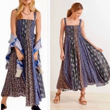 Free People Come Together Smocked Midi Dress LARGE Boho Print Chiffon