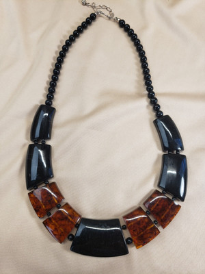 Jay King Desert Trading Obsidian Amber Chunky Collar Necklace Sterling Silver