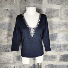CACHE size L black stretch deep v rhinestone accented knit top blouse