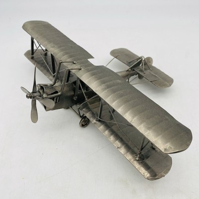 Bi-Plane WW1 Tin Metal Decorative Model Shelf Decor Unpainted Silver Color