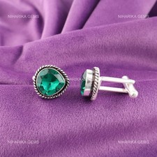 Sterling Silver Lab Green Emerald Gemstone Valentines Grooms Birthday Cufflinks