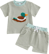 Toddler Baby Boy Summer Clothes Waffle Striped Embroidered T-Shirt Short Set Inf
