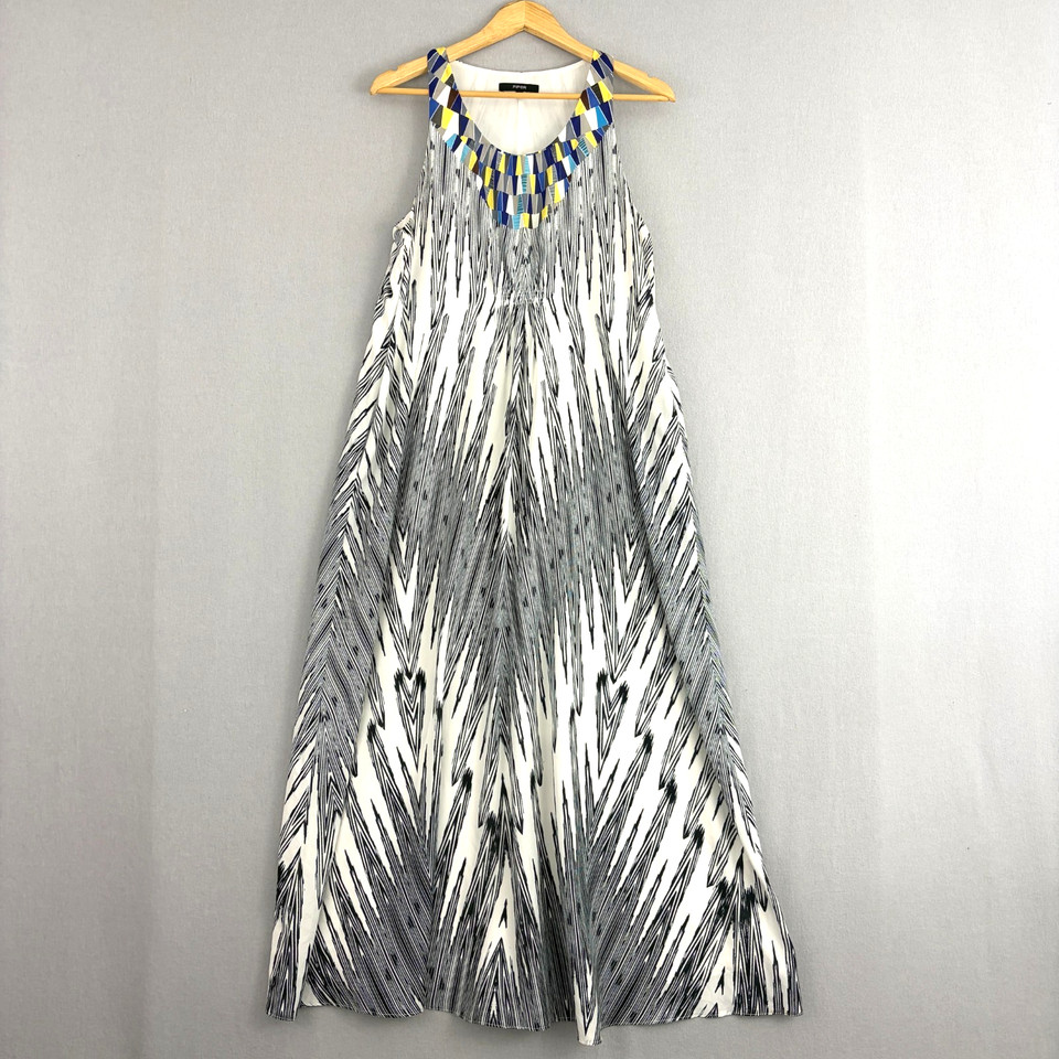 Piper Dress Womens 12 White Black A-Line Abstract Beaded Trim V Neck Maxi Boho