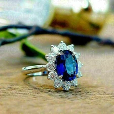 3.00Ct Oval Cut Natural Blue Sapphire Wedding Diamond Ring 14K White Gold 6,7,8