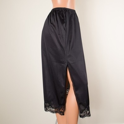   Vintage ADONNA Half Slip Skirt MEDIUM Black Silky Nylon Side Slit Lace USA