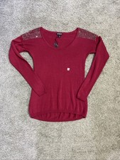 NWT Express LS Sweater Red Embellished Rhinestone Studded Shoulder Sz XS