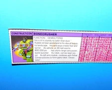 1985 G1 TRANSFORMERS BONECRUSHER CONSTRUCTICON TECH SPEC FILE CARD 100% ORIGINAL